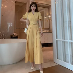 Sheer Elegant Jumpsuit Summer 2020 Women Jumpsuit Short Lantern Sleeve Yellow Playsuit Trousers Bodysuit Combi Pantalon Femme