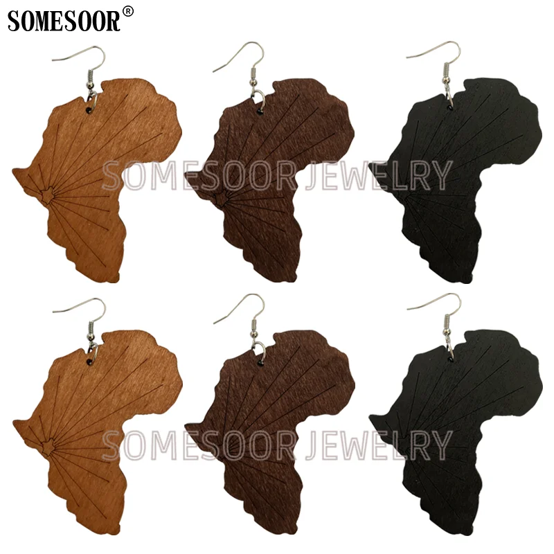 SOMESOOR Laser Cutting African Map Creative Radial Carving High Quality Wooden Drop Earrings For Afro Women