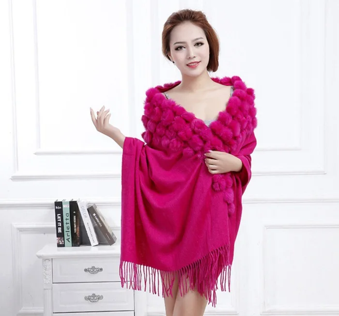 20 Colors Triangle Real Rabbit Fur Ball Shawl Wraps Winter Women Cashmere Tassel Cape Pompon Cloak Lady Mum Gift Casaco Feminino
