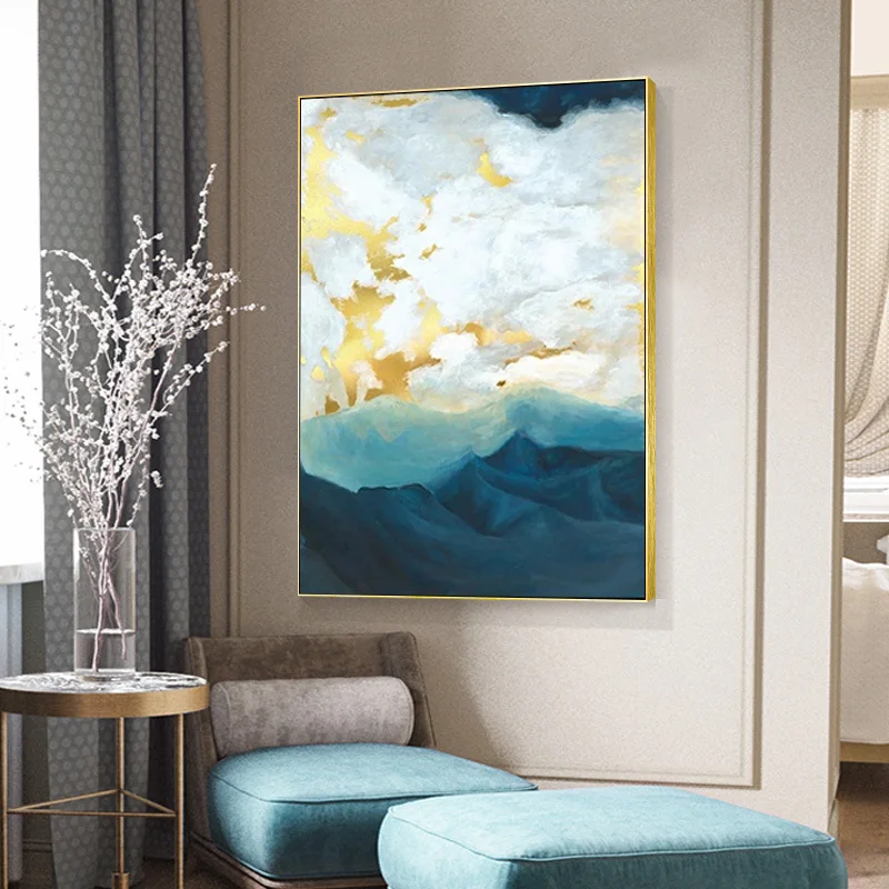 

Modern Hand-Painted Living Room Decorative Painting Corridor Entrance Gold Foil Baiyun Hanging Painting Abstract Art Oil Paintin