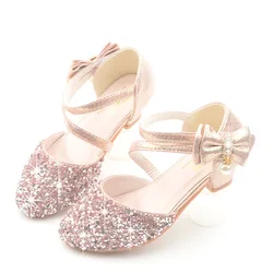 Glitter Little Girl Heels Bow Sandals 2019 Big Kids Shoe For Children Summer Leather Sandals 3 4 5 6 7 8 9 10 11 12 13 Year Old