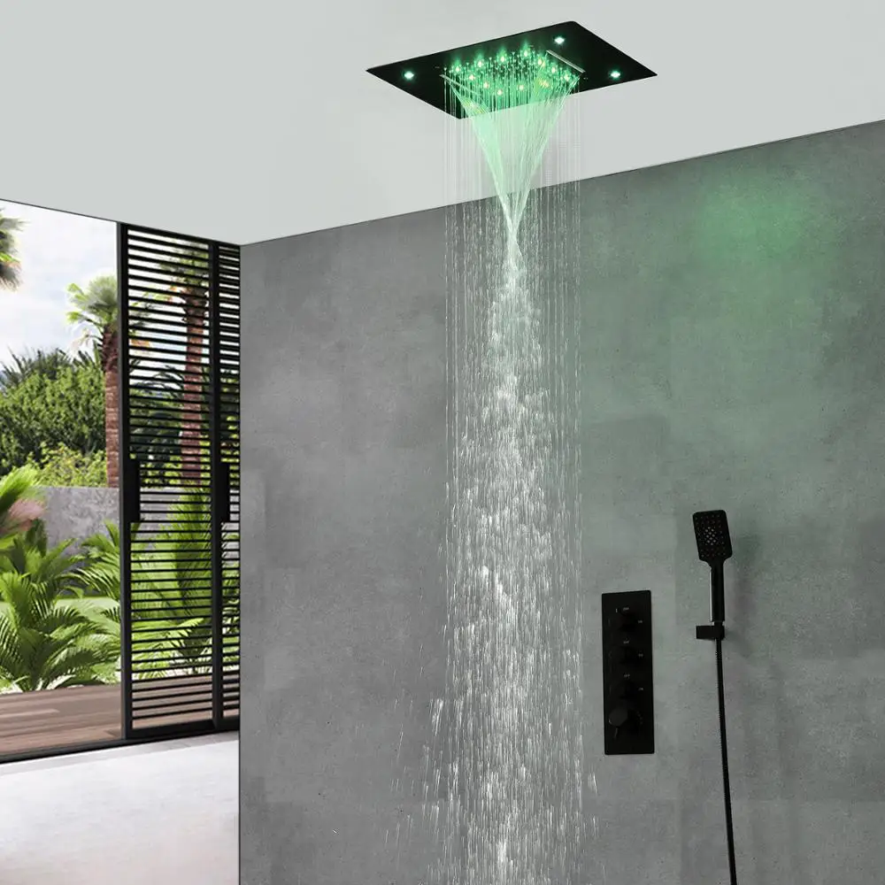 hm Ceiling LED Shower Set 304 Stainless Steel Waterfall Rainfall Shower Head Panel Bathroom Black Thermostatic Faucets System