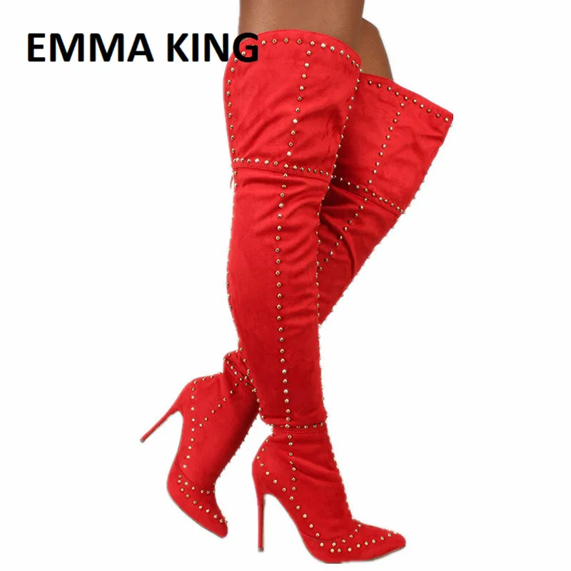 

Autumn Winter Women Rivet Embellished Long Boots Hot Red Female Over the Knee Boot Ladies Sexy Thigh High Botas Mujer 2020 Shoes