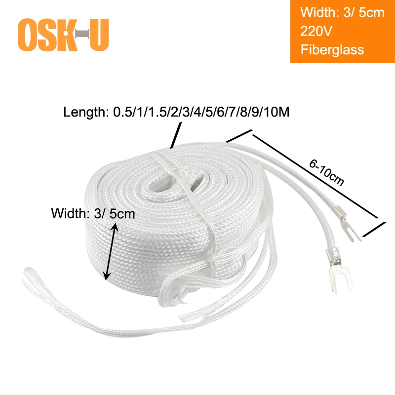 حريق الألياف الزجاجية التدفئة حزام عنصر 220 فولت 0.5/1/1.5/2/2.5 متر طول 3 سنتيمتر عرض سخان كهربائي عنصر لخط أنابيب