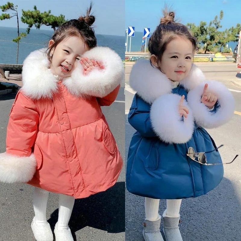 

Girls Down WinterJacket Cotton-Padded Coat Fur Collar Cuffs Warmth Padded Coat Winter Coat New Children Clothing 3-8 Years Old