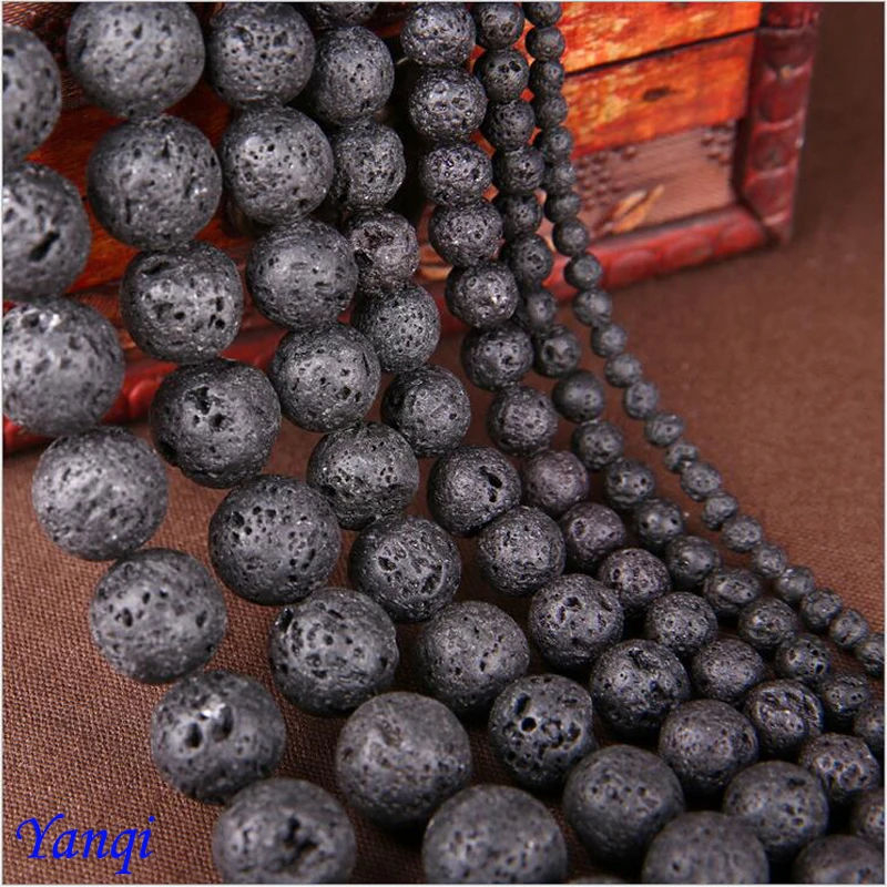 Yanqi-Cuentas de Lava volcánica negra, piedra Natural redonda suelta, cuentas teñidas para fabricación de joyas, pulsera y collar DIY, venta al por