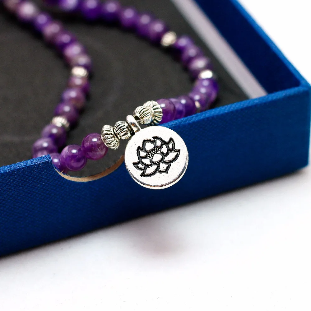 Natural Purple Crystal Chakra 108 Buddha Mala Bracelet or Necklace Yoga Mala Stone Bracelet for Women Lotus Jewelry