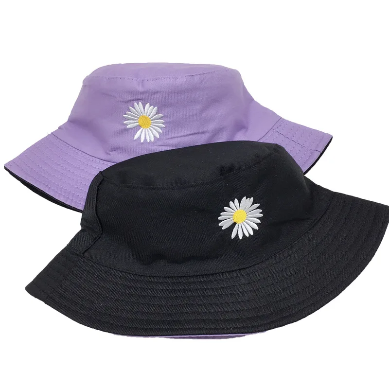 Summer Women Bucket Fishing Hats Sunscreen Sun Cap Little Daisies Embroidery Double-sided Wear Spring Lady Student Fisherman Hat