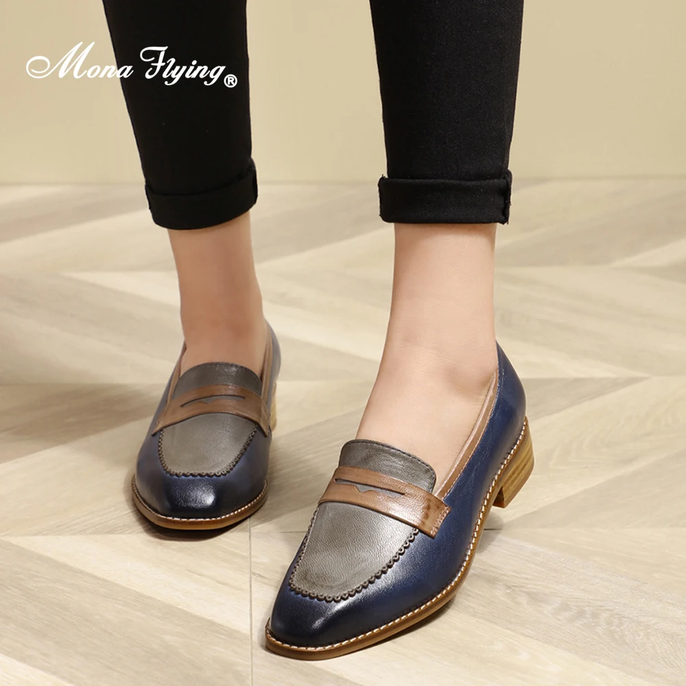 

Mona Flying Women Genuine Leather Penny Loafers Solid Moccasins Handmade Casual Slip-on Flat Square-toe Chic Shoe 728-69