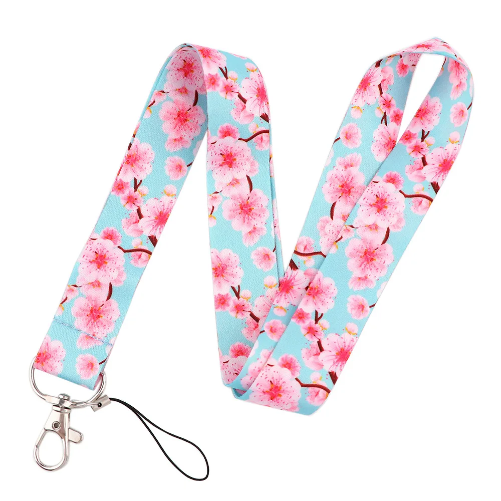 Beautiful Pink Cherry Blossoms Flowers Mobile Phone Rope Keychain Lanyard ID Badge Holder Neck Straps Keycord Webbing Ribbon