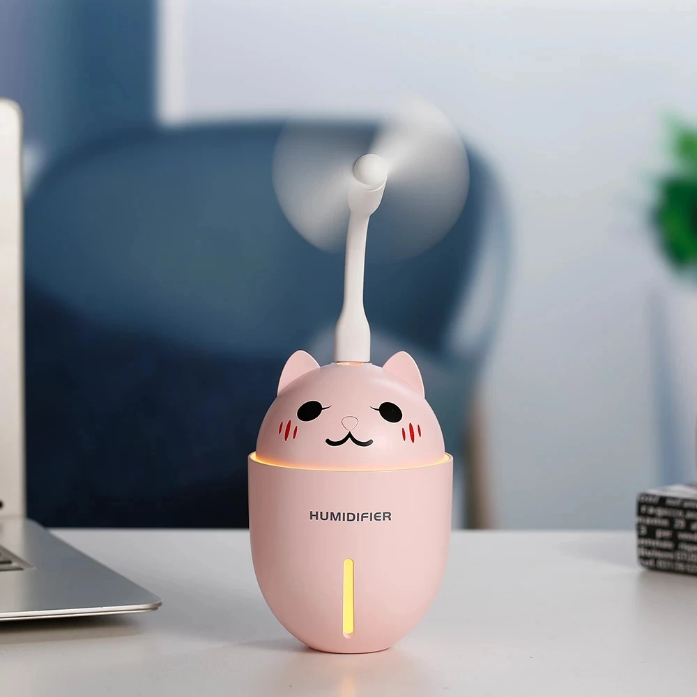 Cute Cat Humidifiers 3 in 1 320ML USB Air Humidifier Ultrasonic Cool-Mist Adorable Pet Mini Humidifier With LED Light USB Fan