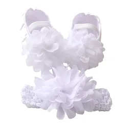 Sapatos de flor do laço recém-nascido + bandana do bebê macio anti deslizamento sapatos infantil branco sapato aniversário da criança primeiros caminhantes para bebe 12m