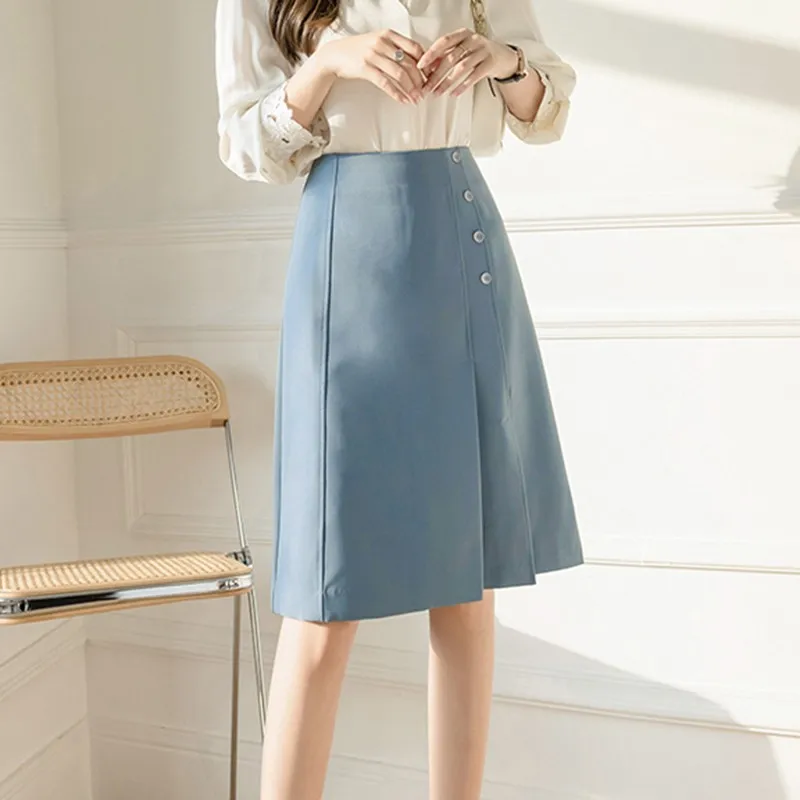 Ladies Elegant Knee-length A-line Skirts New Arrival 2021 Summer Office Style Solid Color High Waist Women Casual Skirt W426