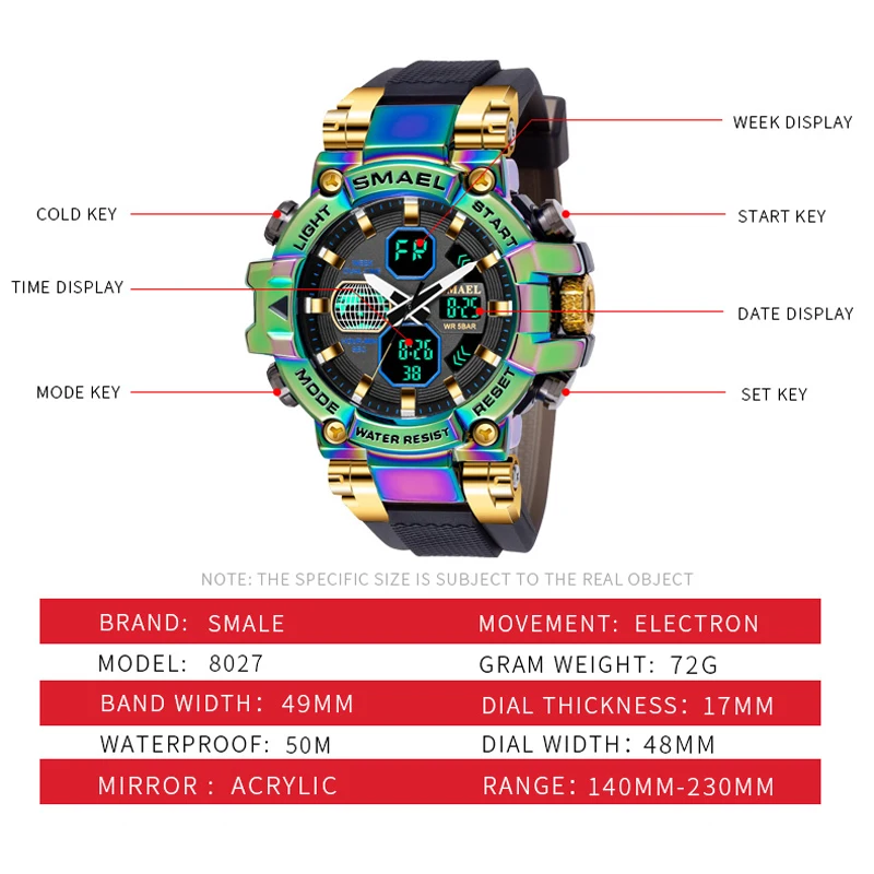 SMAEL Brand Men\'s Sports Fashion Fitness Watch Dual Display Analog Digital Wristwatches Men Waterproof Colorful Military Watches