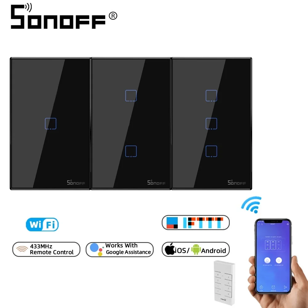 

SONOFF TX T2/T3 US Wireless Wall Wifi Touch Switch 1/2/3 Gang Smart home Switch App Remote Control Works With Google Home