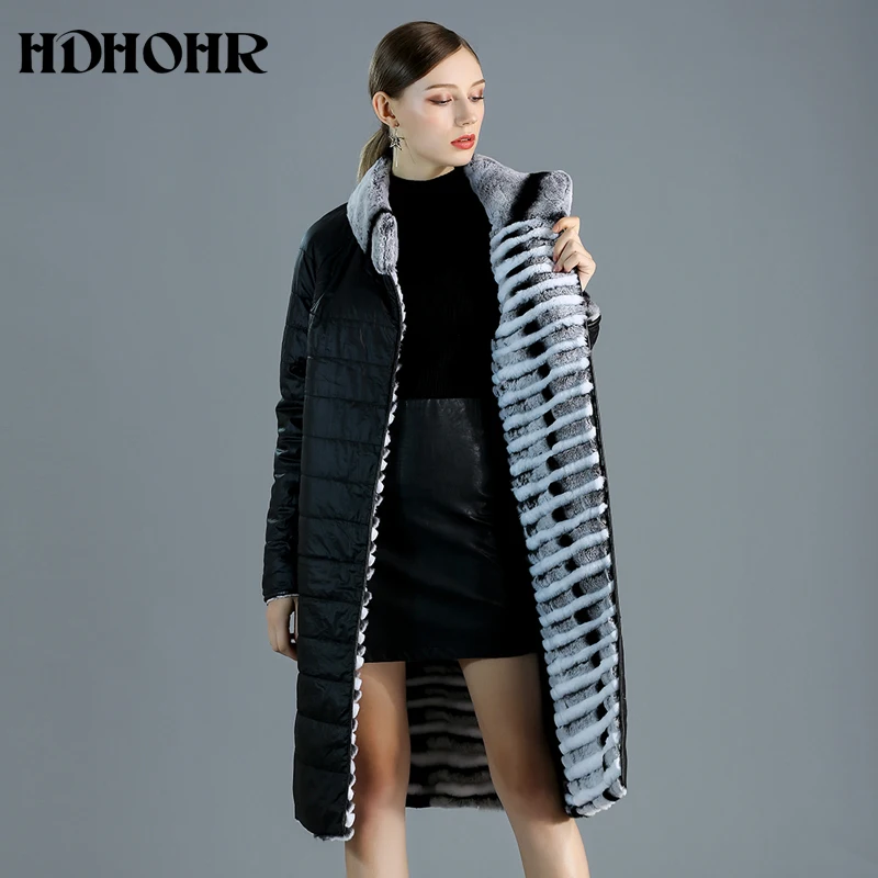 HDHOHR 2024 New High Quality Rex Rabbit Fur Coat Women With Down lTwo Side to Wear Natural Rex Rabbit Fur Jacket Female