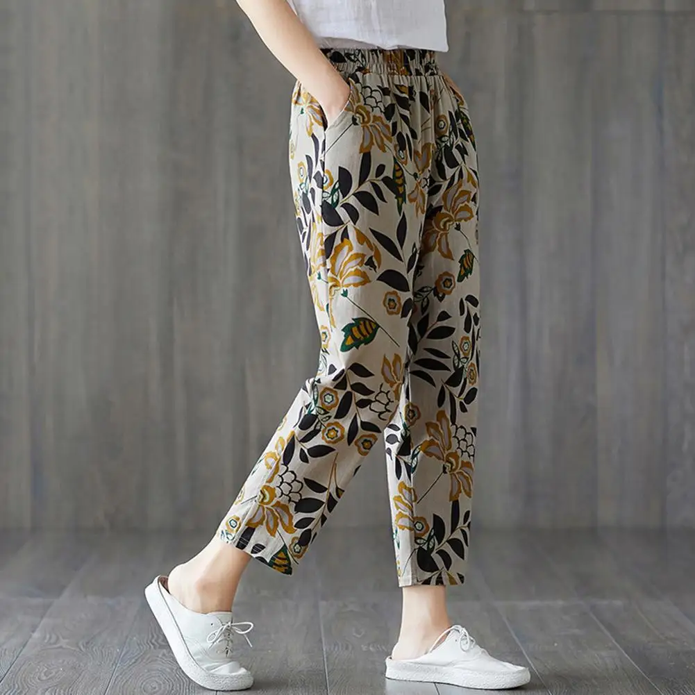 Women Thin Pocket Loose Elastic Waist Floral Print Pants Harem Trousers Women's printed slacks