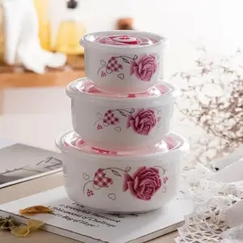 Keramik frische Schüssel dreiteiliges Set Lunchbox mit Deckel Mikrowelle Lunchbox Kühlschrank Aufbewahrung sbox große Instant Nudel schale Set