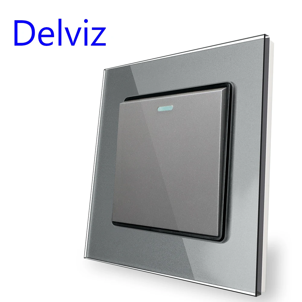 Delviz-Interruptor de vidrio templado, Panel de cristal gris, enchufe de toma de corriente de pared de 16A, CA 110V-250V 86mm * 86mm, pulsador de 1