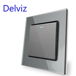 Delviz-Interruptor de vidrio templado, Panel de cristal gris, enchufe de toma de corriente de pared de 16A, CA 110V-250V 86mm * 86mm, pulsador de 1 banda y 2 vías