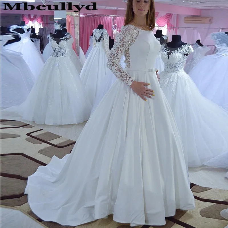 Mbcullyd-Vestido De Novia De encaje De manga larga transparente para mujer, Vestido De novia De lujo De satén, línea A, blanco, musulmán, 2023