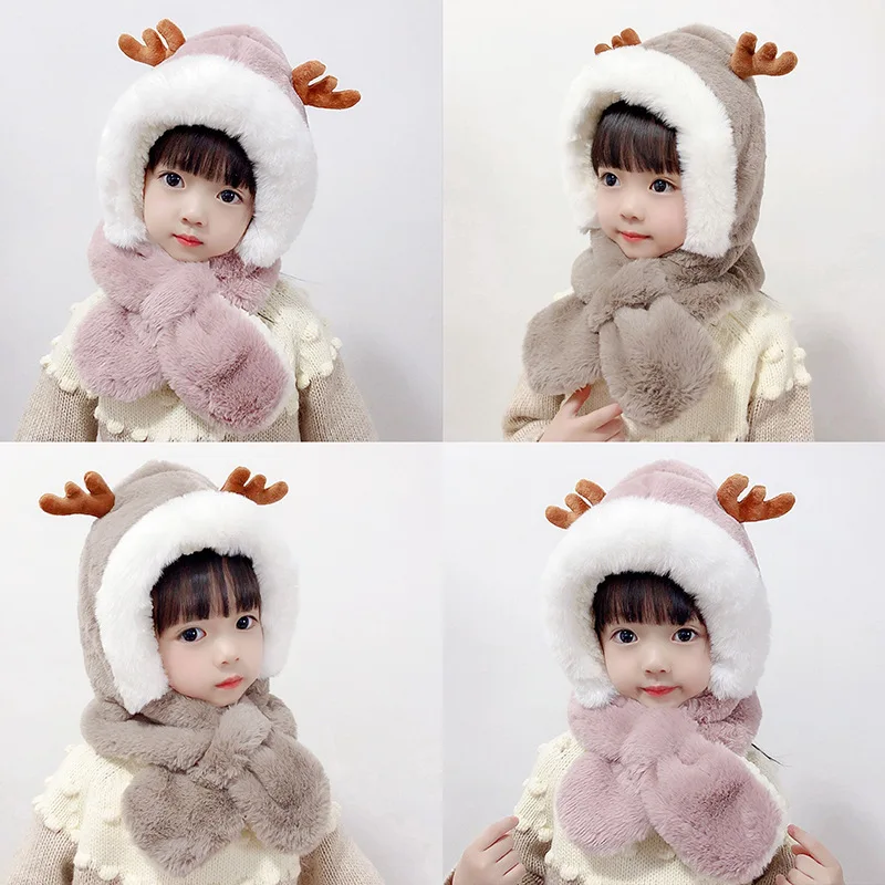 Winter Child Hats Plus Velvet Children's Hats Cartoon Elk Girls Hats Boys Scarf Thick Hats Newborn Photography Baby Products