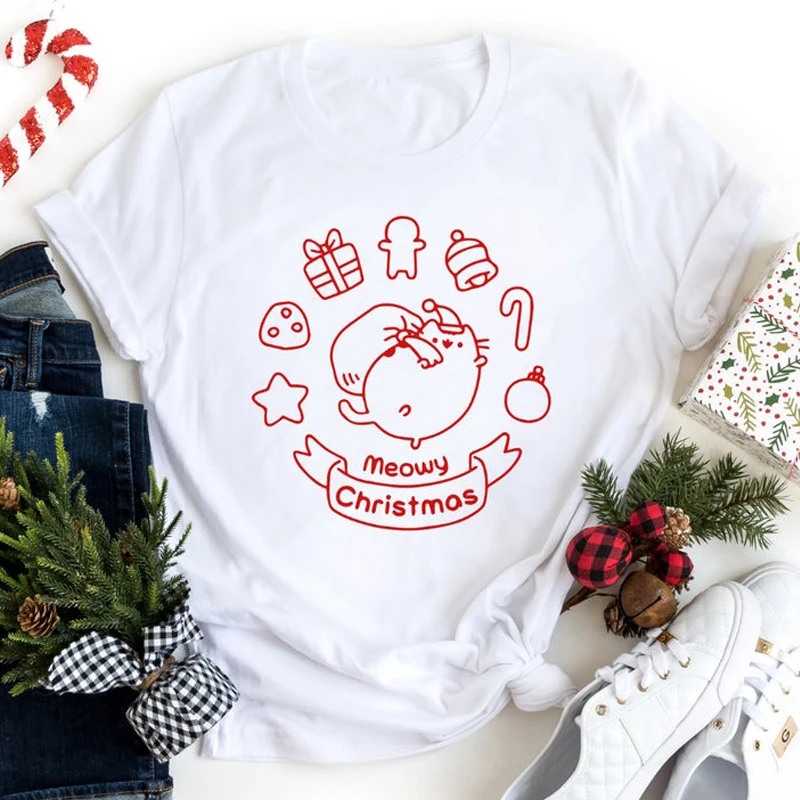 Women's Xmas Gift Tshirt For Cat Mom Cute Meow Christmas Cat Print T-shirt Funny Winter Short Sleeve Graphic Holiday Tee Top