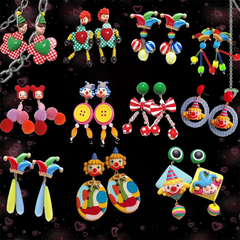 Vintage Cartoon Clown Dangle Earrings for Women Resin Charm Funny Colorful Circus Clown Stud Earrings Cute Bow Earrings Gifts