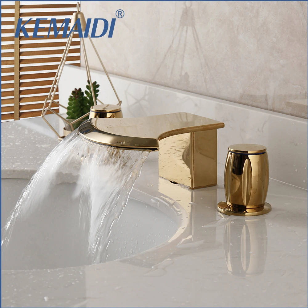 

KEMAIDI Gold Plated Bathtub Waterfall Faucets Widespread Bathroom Basin Sink Faucet Hot&Cold Mixer Deck Mounted