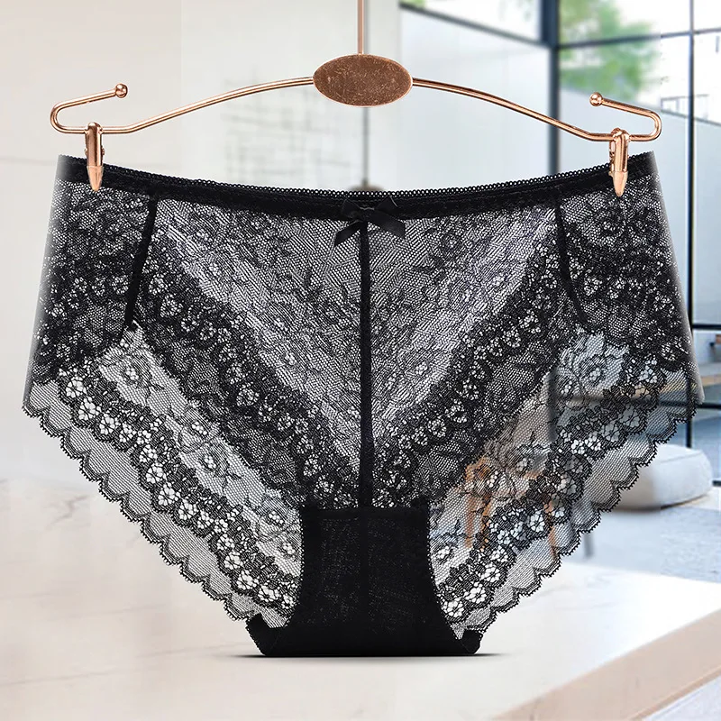 Women Sexy Lace Underwear Hollow Transparent Breathable Female Panties Middle Waist Seamless Delicate Flowers Breifs