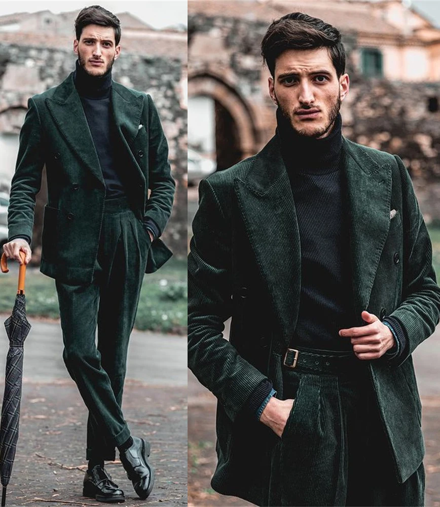 (Jacket+Pants) Mens Suit Dark Green Corduroy 2 Piece Wedding Suit Designed Formal Prom Evening Blazer Male Clothing Custom Made