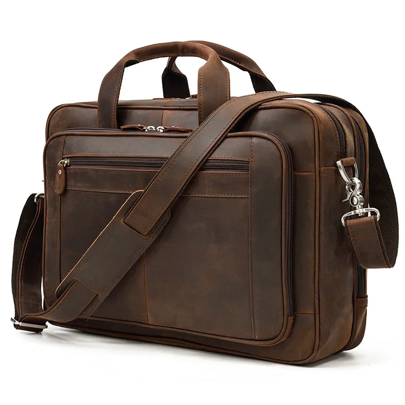 Maletín de cuero crazy horse para hombre, bolso para ordenador portátil, de negocios, grueso, de marca de lujo