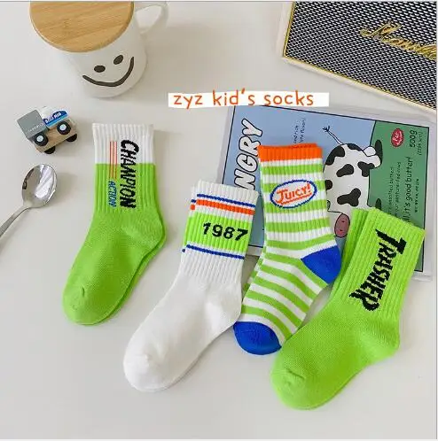 Tukla Babe 4 Pairs 3-12 Year 2021 autumn alphabet striped tube socks sports tide socks boys and girls socks