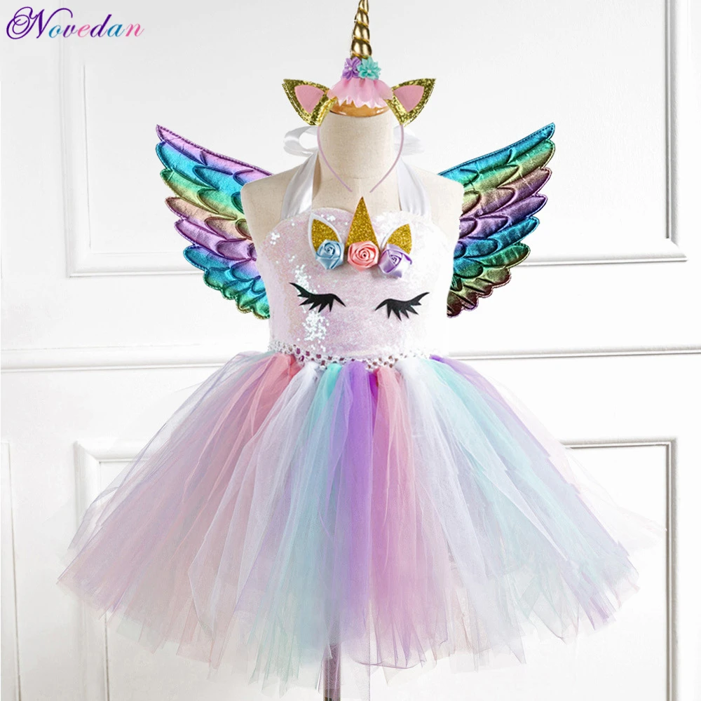 New Kids Unicorn Costumes For Girls Unicorn Tutu Dress With Gold Headband Wings Princess Girls Halloween Party Dress 2-10 Years