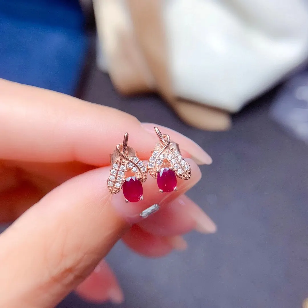 

925 Silver Leaf Stud Earrings for Young Girl 3mm*4mm 100% Natural Pink Sapphire Emerald Ruby Earrings Woman Brithday Gift