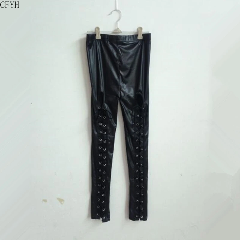 Sexy Back Bandage Skinny Leggings Latex Women Legging Pants Lace Up Black Pencil Pants Faux Leather Gothic Punk Clubwear