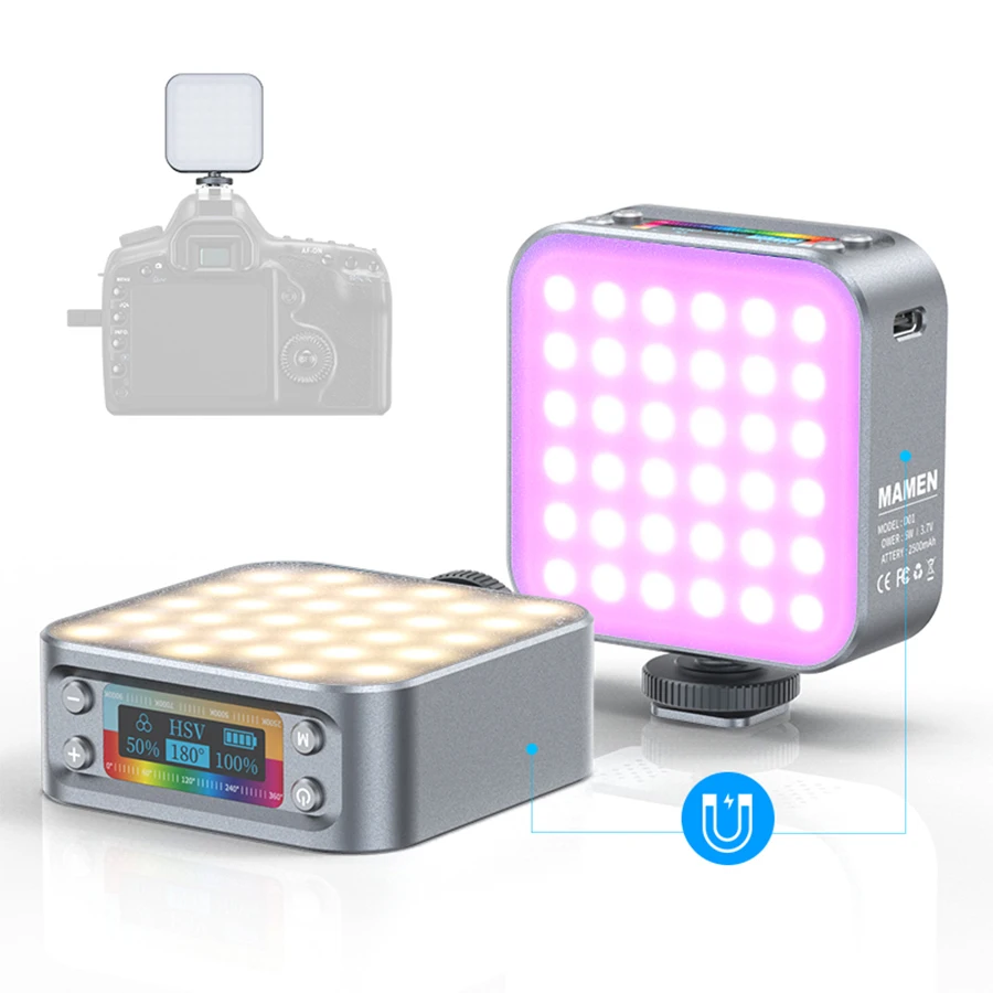 MAMEN RGB Video Light Bi-color 2500-9000K Mini Camera Light Magnetic Adsorption LED Panel Lamp for Selfie Vlog Ambient Lighting