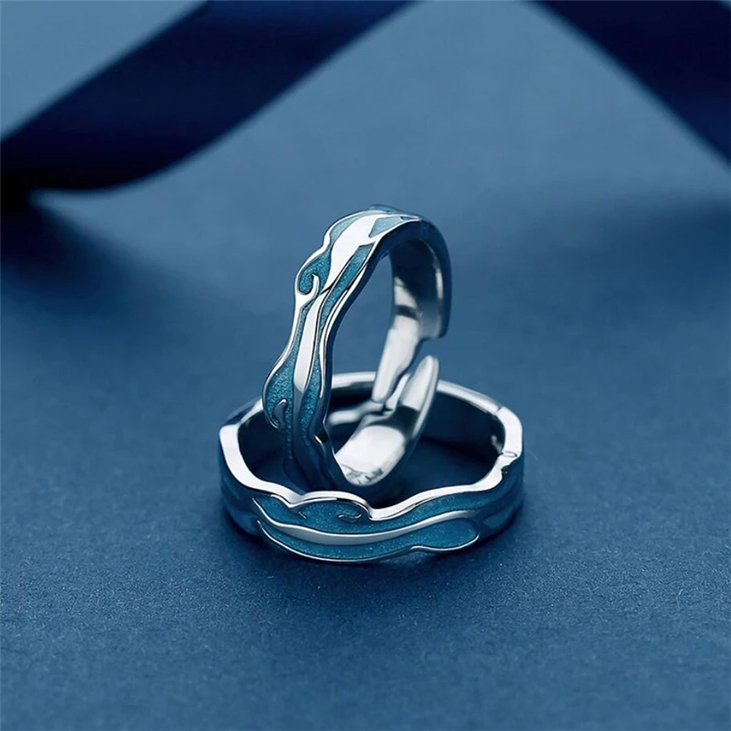 Sole Memory Blue Drop Glaze Wave Couple Ring Sweet Romantic Silver Color Resizable Opening Ring For Women Luxury Jewelry SRI454