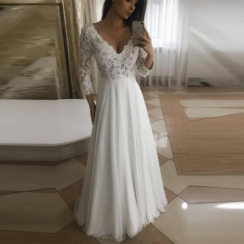 

2023 Beach Boho Wedding Dress V-Neck Lace with Appliques Bridal Gowns 3/4 Sleeve A-line Bridal Dresses Robe De Mariage Custom