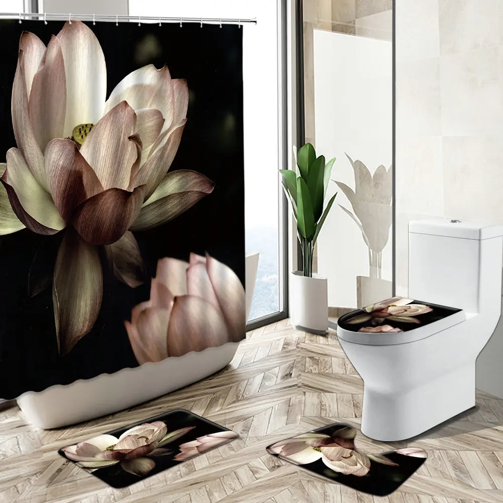 

Lotus Flower Shower Curtain Blooming Floral Theme European Retro Style Bathroom Decor Non-Slip Rug Toilet Lid Cover Bath Mat Set