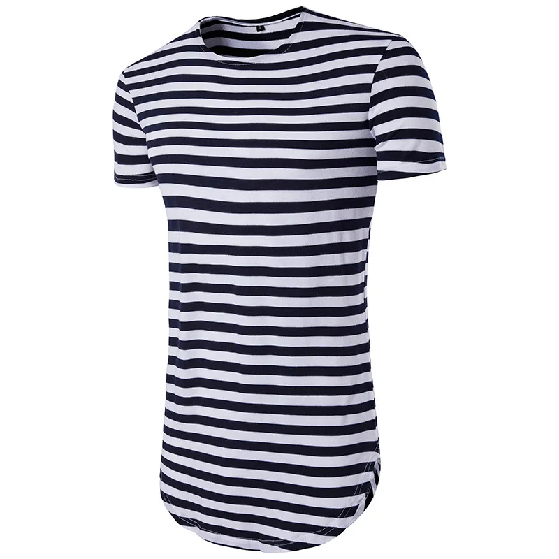 New Men Round Neck Long Sleeve extended arc hem Striped T-shirt Slim Fit T Shirts Casual Male Tops