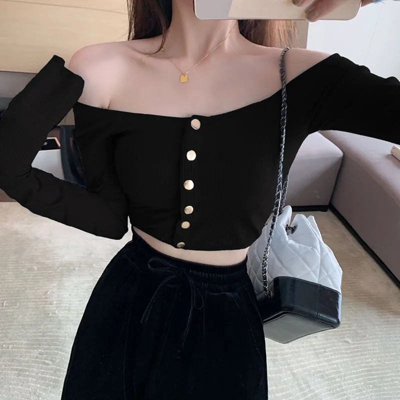 Fashion Women Sexy T Shirt Solid Color Button Slim Fit Off Shoulder Crop Tops Long Sleeve Slash Neck Basic T-Shirt 2020