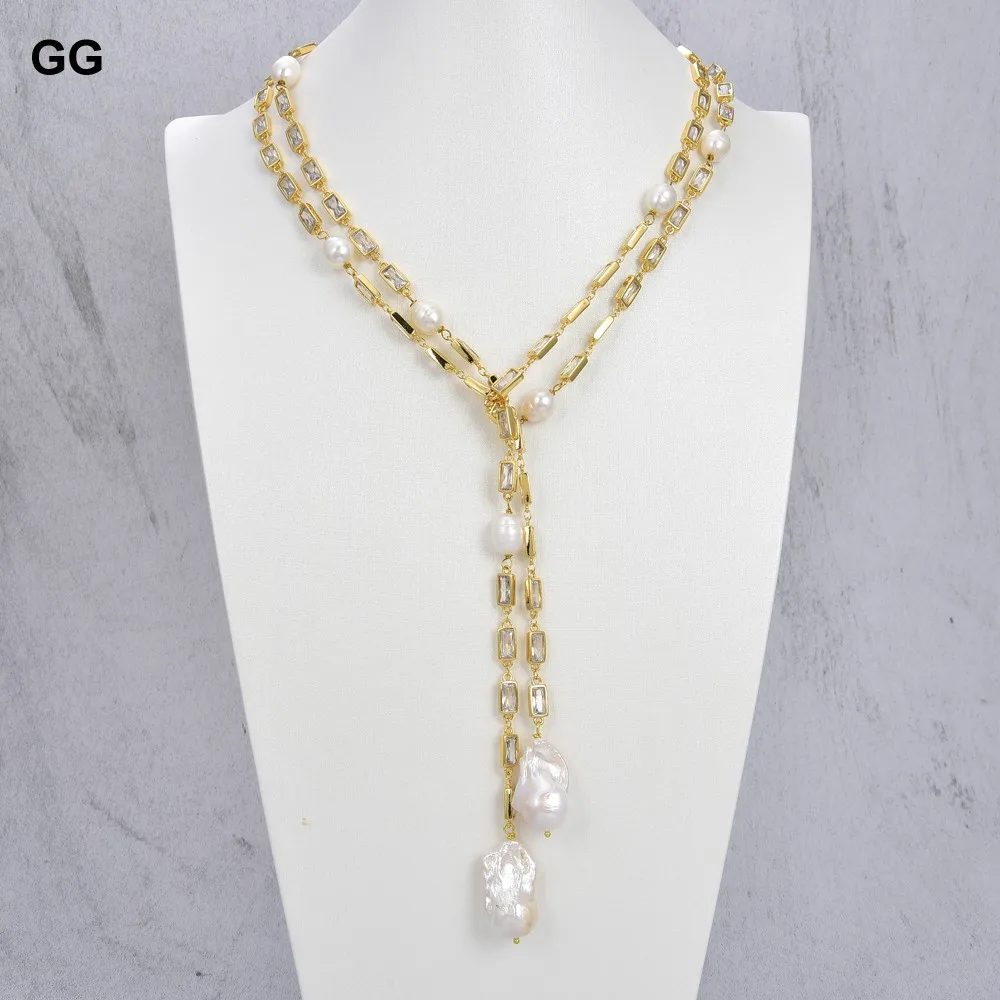 

natural Cultured White Keshi Pearl Rectanle Cz Pave gold color plated sweater Chain Necklace 50" Long Necklace for women