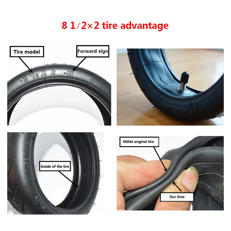 Reinforced 8 1/2*2 Inner Tube and Outer Tyre for Xiaomi Electric Scooter Pneumatic Rubber Ulip Replacement Inner and Cover Tire