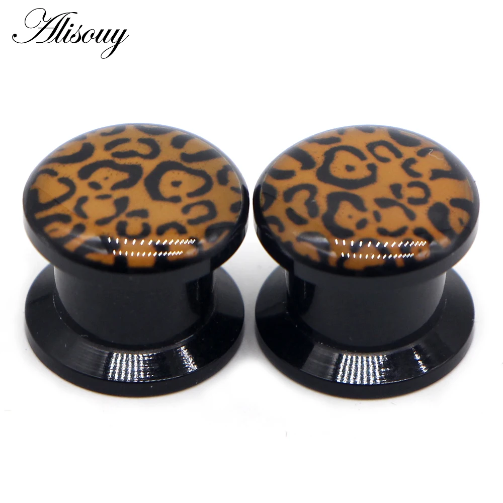 Alisouy 2PCS Acrylic Leopard Print Black Screw Ear Plugs Flesh Tunnel Earring Gauges Hollow Piercings Ear Expanders Body Jewelry