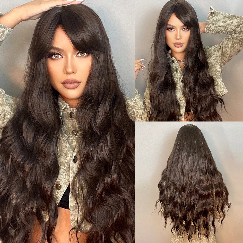 EASIHAIR Long Dark Brown Water Wave Synthetic Wigs for Women Natural Hair Wigs with Said Bangs Daily Wigs Heat Resistant Cosplay