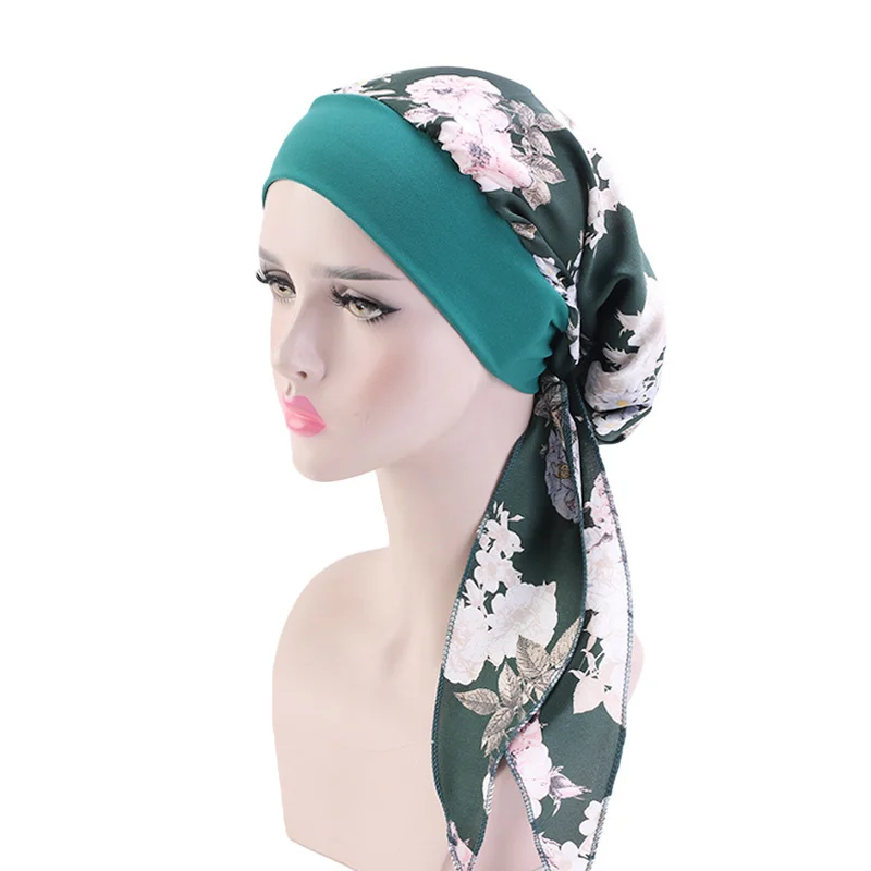 Solid Color Pre-tie Printed Turban For Women Wide Band Beanies Female Stretch Bandana Headwear Night Sleep Hats Cancer Chemo Cap