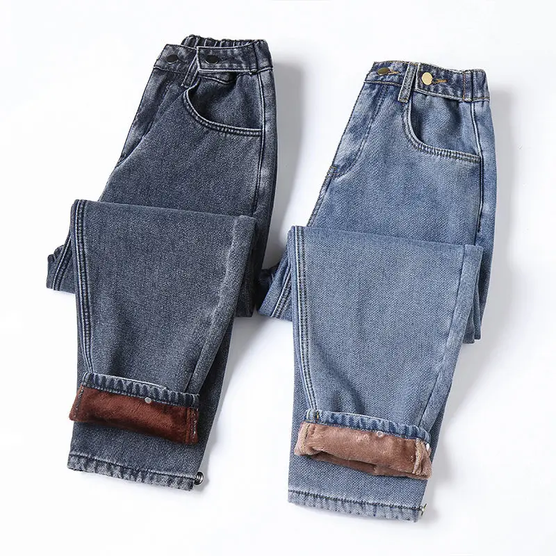 Baggy Jeans Brushed Thick Jeans Elastic Waist Wide Leg Pants Women Winter High Waist Loose Slimming Warm Pants Cargo Pants Women