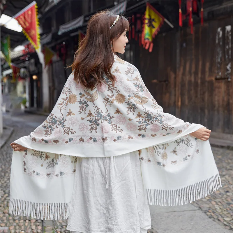 Ultra Long Scarf Wrap Women Pashmina With Tassels Embroidery Flower Echarpes Chal Artificial Cashmere Cape Mujer Bufanda