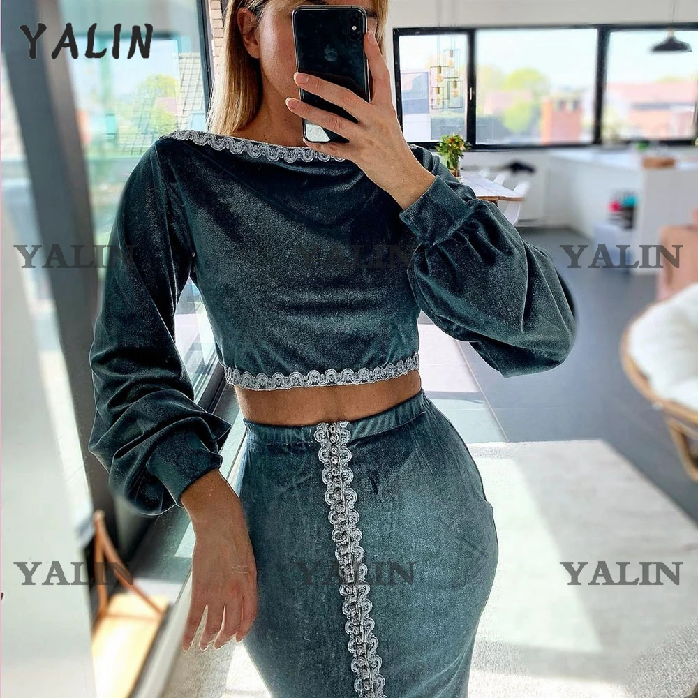 YALIN Velour Mermaid Moroccan Caftan Evening Dress Two-piece Suit  Sexy Casual  Formal Party Gown Long Sleeves Lace Dresses